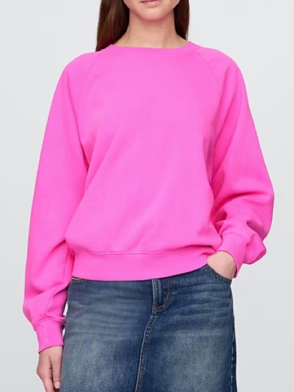NWT Sz M Gap VintageSoft Cotton Crewneck Raglan Sweatshirt in Pink Neon
